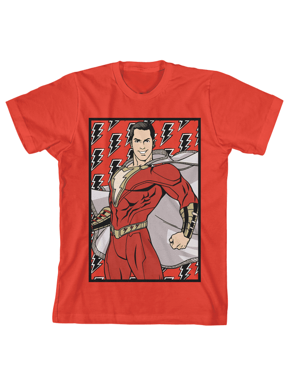 Shazam! Movie Character And Lightning Bolt Pattern Crew Neck Short Sleeve Red Boy's T-shirt-XS