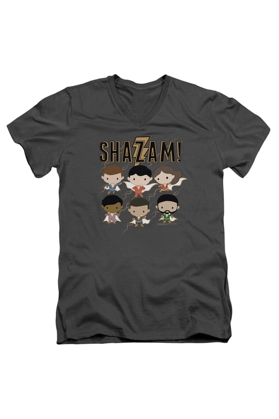 Shazam Movie Chibi Group Adult V-Neck T-Shirt 30/1 T-Shirt Charcoal