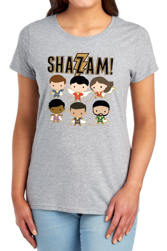 Shazam Movie Chibi Group Women's T Shirt, Athletic Heather, Large