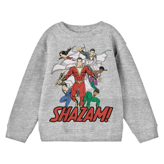 Shazam! Movie Group Character Art Crew Neck Long Sleeve Athletic Heather Youth Boy's Sweatshirt-Medium