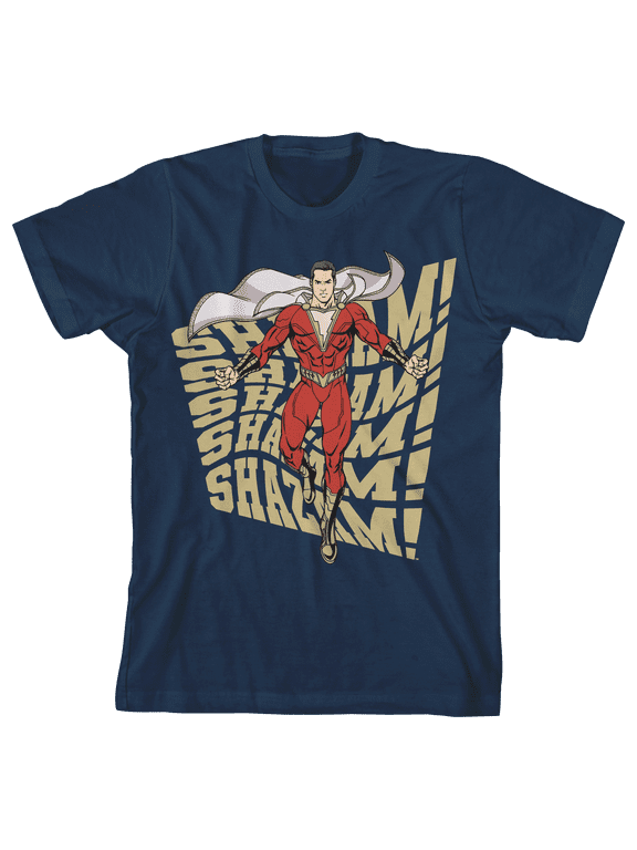 Shazam! Movie Warped Text Crew Neck Short Sleeve Navy Blue Boy's T-shirt-Small