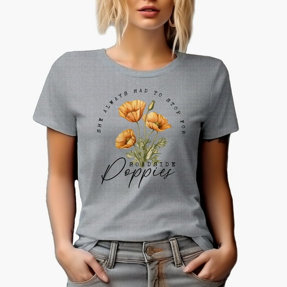 She Always Had to Stop for Roadside Poppies with a Hand Drawn Poppy Flowers Art Merch Gift, Heather Grey T-Shirt, XL
