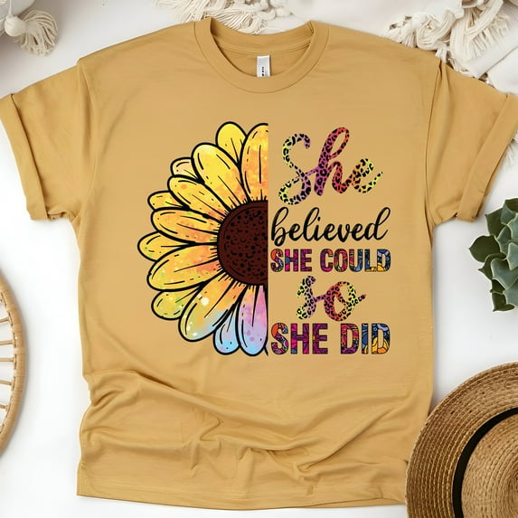 She Believed She Could So She Did T-Shirt | Colorful Inspirational Sunflower Tee, Gold, Size XL