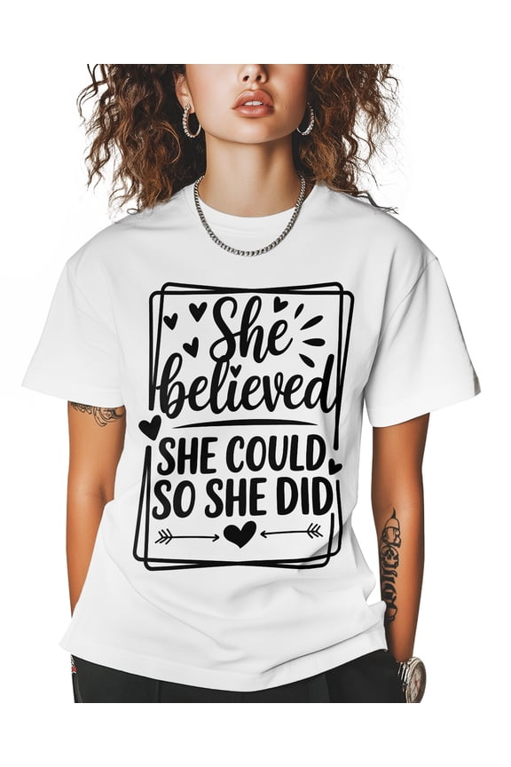 She Believed T Shirts for Women Short Sleeve Cotton Crewneck T-Shirt She Could So Did Cute Tee Tops Casual Basic T-Shirts, XS-5XL White XS