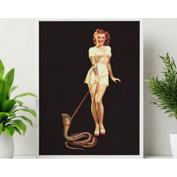 She Bites Snake Wall Art Print, Retro Pin Up Surreal Decor