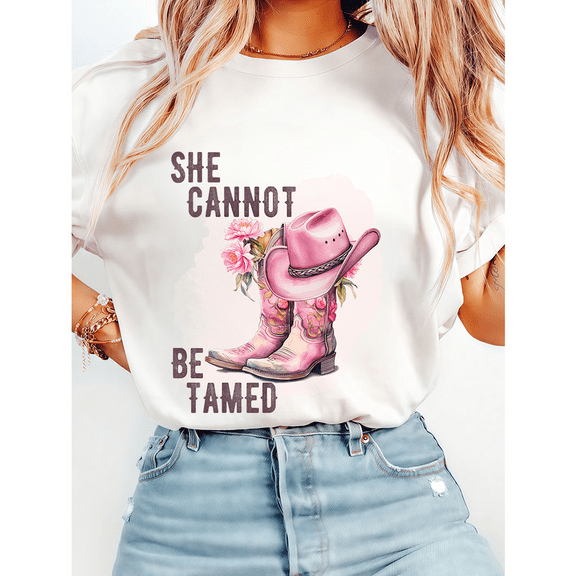 She Cannot Be Tamed Print Tshirts for Womens Cowgirl Boots Graphic Teess Country Short Sleeve Casual Tops Cotton for Daily Outfits White,L
