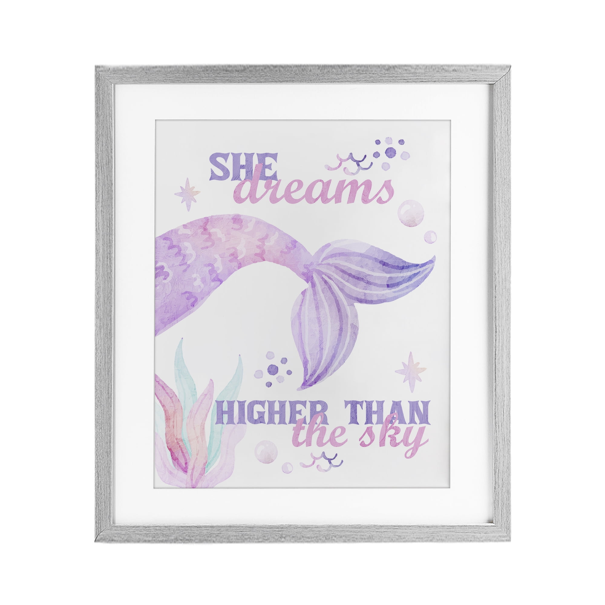She Dreams Higher Than The Sky Gray Framed Print Under Glass, design by Kim Allen