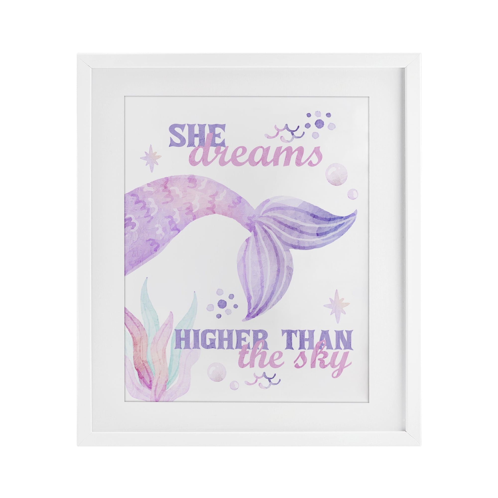 She Dreams Higher Than The Sky White Framed Print Under Glass, design by Kim Allen