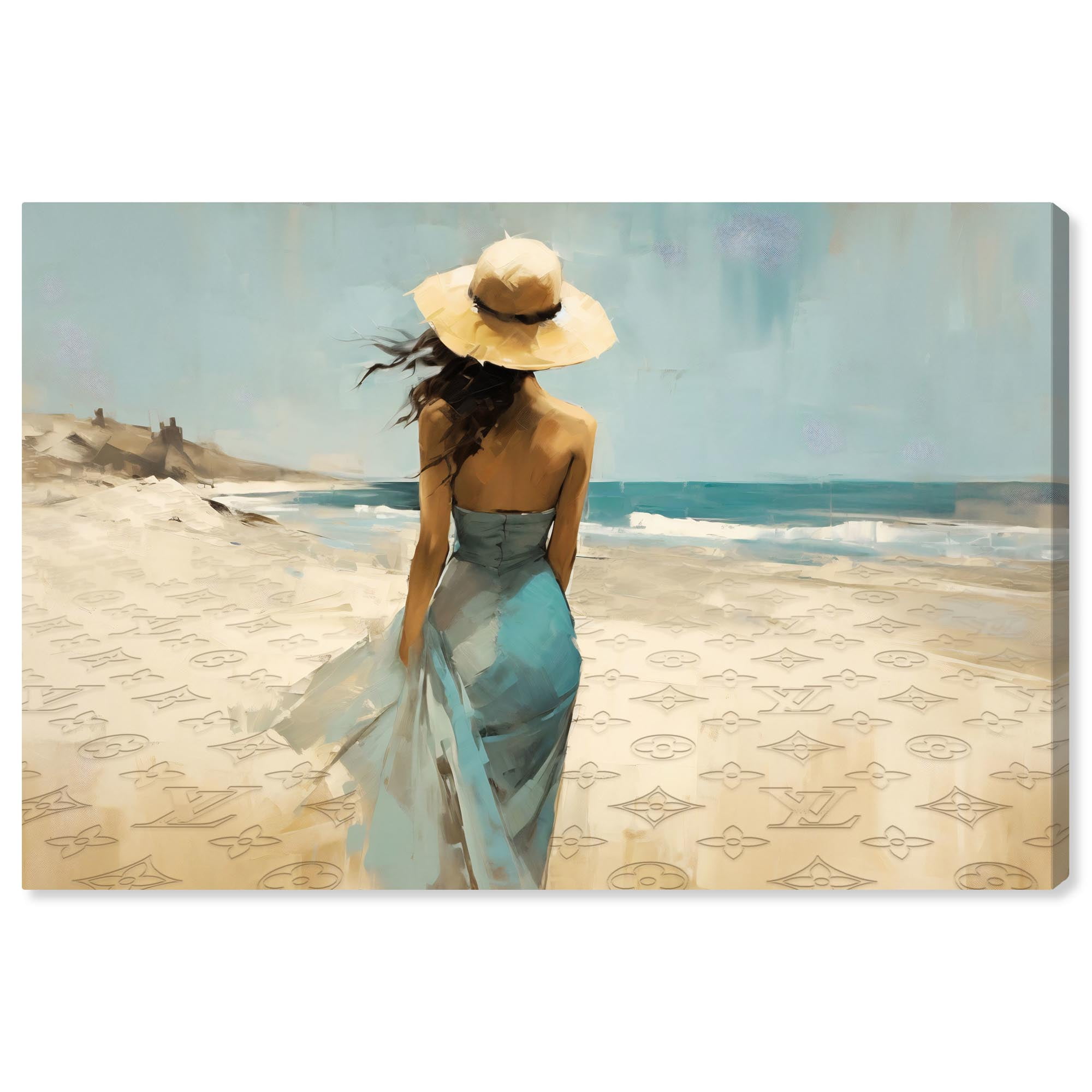 Glam Beach Scene Canvas Art in Blue and Beige, 15" x 10"