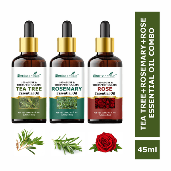 She Essentials Rosemary Essential Oil | Rose | Tea Tree for Hair, Skin & Aromatherapy for Man & Woman