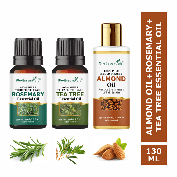 She Essentials Rosemary Essential Oil | Tea Tree | Almond Carrier Oil for Hair, Skin