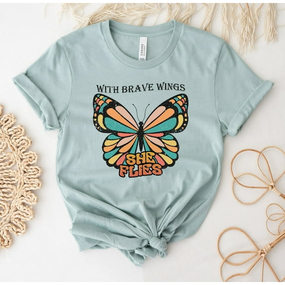 She Flies With Brave Wings T-shirt Inspirational Shirt Butterfly Gift Vintage Tee Bible Nature Summer Top