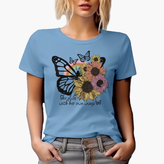 She Flies with Her Own Wings with Retro Sunflowers & Butterflies Art Merch Gift, Baby Blue T-Shirt, Large