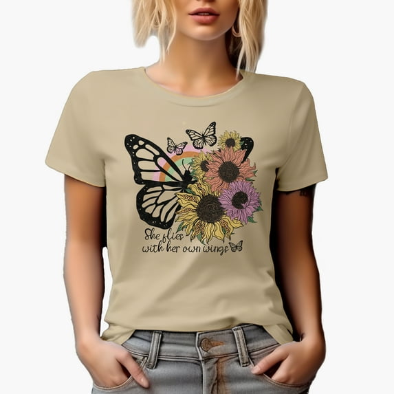 She Flies with Her Own Wings with Retro Sunflowers & Butterflies Art Merch Gift, Tan T-Shirt, 2XL