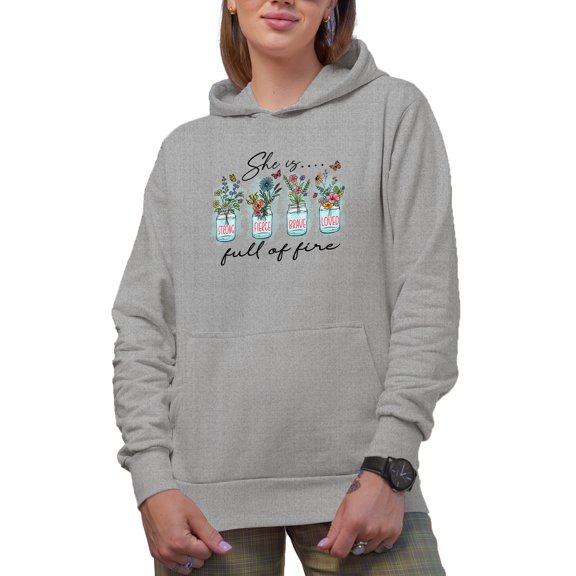 She Is Full of Fire Quote with Hand Drawn & Watercolor Flowers in Jars Art Merch Gift, Heather Grey Hooded Sweatshirt or Hoodie, Medium