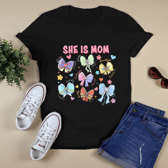 She Is Mom Coquette Bow Flower Mom Mothers Day Mama Classic Tshirt Vintage Tee US Size S-3XL