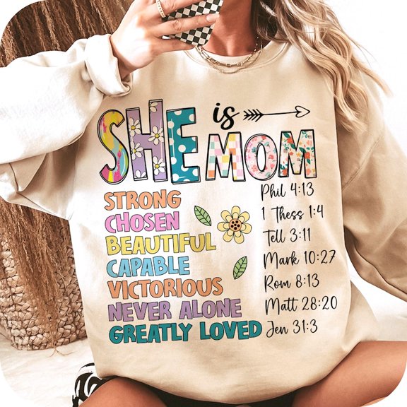 She Is Mom Sweatshirt, Blessed Mom Floral Shirt, Retro Mama Life Crewneck, Mother’s Day Gift for Mom, Inspirational Mom Quote