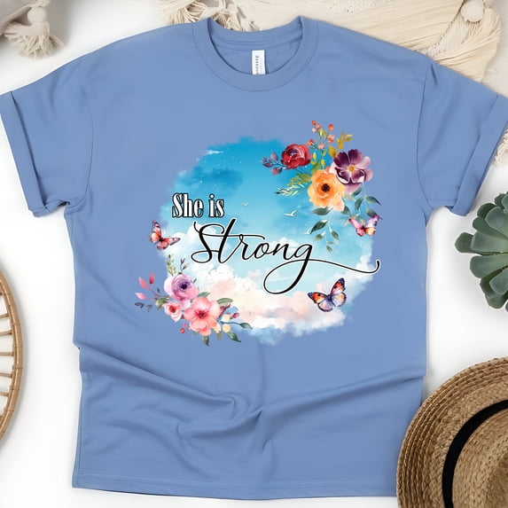 She Is Strong Floral Butterfly Graphic T-Shirt for Women, CarolinaBlue, Size L