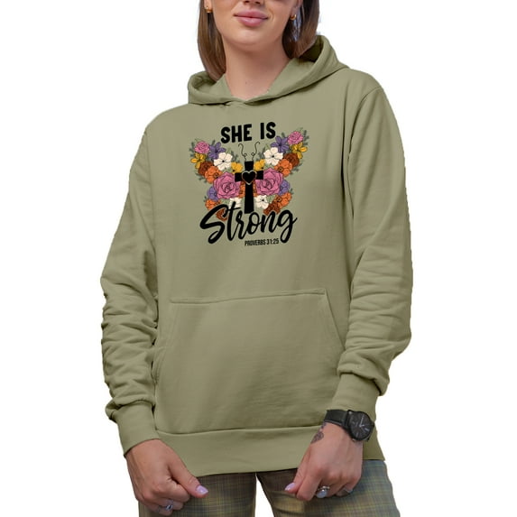 She Is Strong Proverbs 31 25 Bible Verse with Floral Butterfly & Cross Art Merch Gift, Sand Hooded Sweatshirt or Hoodie, Small