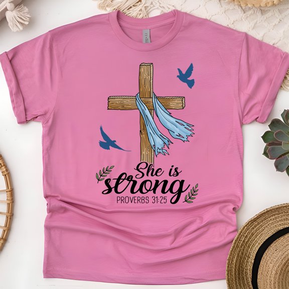 She Is Strong Proverbs 31:25 Christian Cross T-Shirt for Women, Heliconia, Size XL