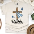 thumbnail image 1 of She Is Strong Proverbs 31:25 Christian Cross T-Shirt for Women, Natural, Size L, 1 of 6