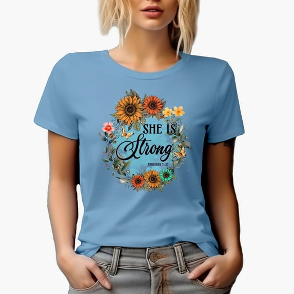 She Is Strong Proverbs 31 25 Scripture with Sunflower Wreath Art Merch Gift, Baby Blue T-Shirt, Small