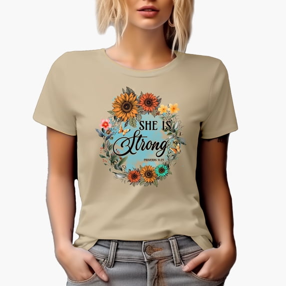 She Is Strong Proverbs 31 25 Scripture with Sunflower Wreath Art Merch Gift, Tan T-Shirt, Small