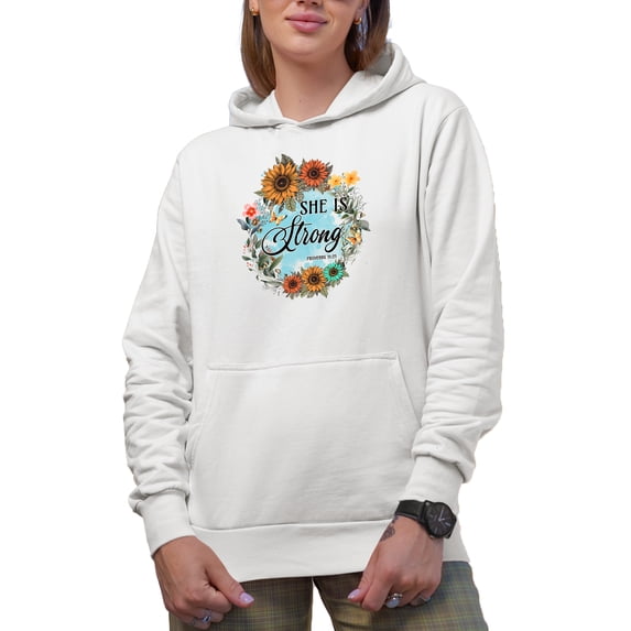 She Is Strong Proverbs 31 25 Scripture with Sunflower Wreath Art Merch Gift, White Hooded Sweatshirt or Hoodie, Large