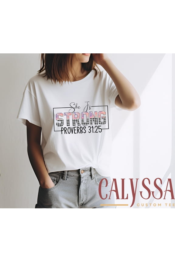 She Is Strong Proverbs 31:25 Shirt - Women's Floral Buffalo Plaid Top