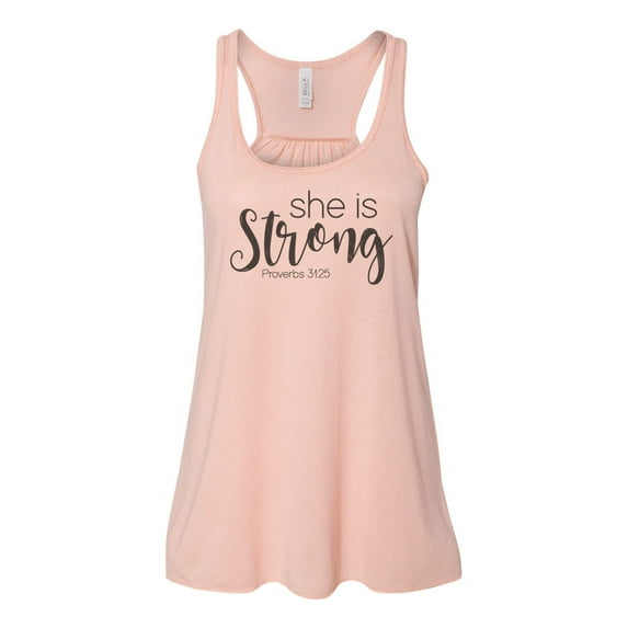 "She Is Strong, Racerback, Proverbs 31:25, Christian Tank, Workout Clothes, Soft Bella Canvas, Sublimation, Gift For Her, Racerback Tank Top, Peach, SMALL"
