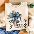 thumbnail image 1 of She Is Strong Sweatshirt, Proverbs 31:25 Bible Verse Shirt, Christian Coquette Denim Bow Sweatshirt, God Is My Strength Shirt, Faith-Based Outfit, 1 of 5
