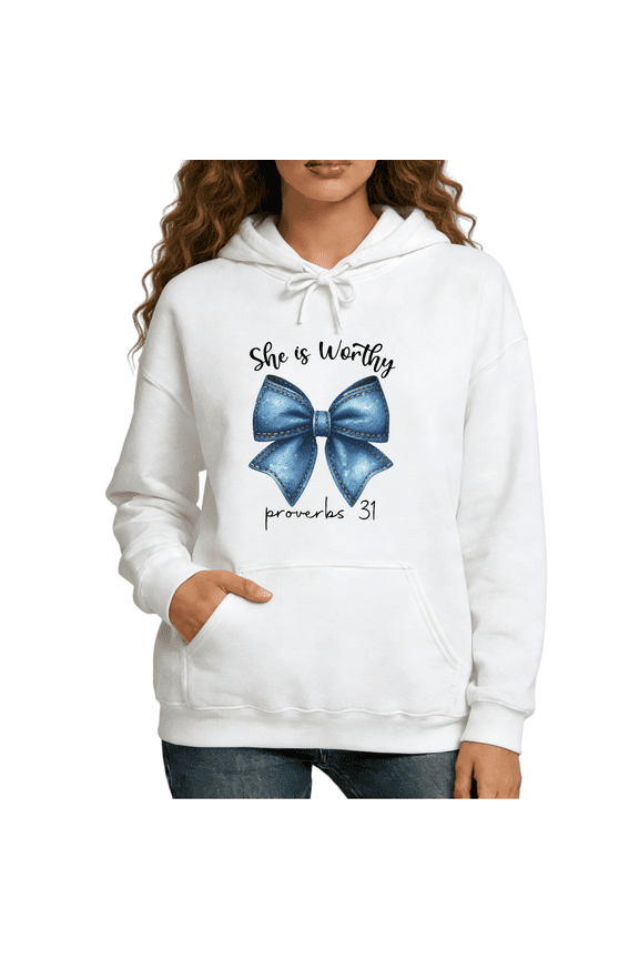 She Is Worthy Proverbs 31 Print Hoodie Sweatshirt Graphic Sweatshirt White Christian Women Gift S-2XL Womens Tops