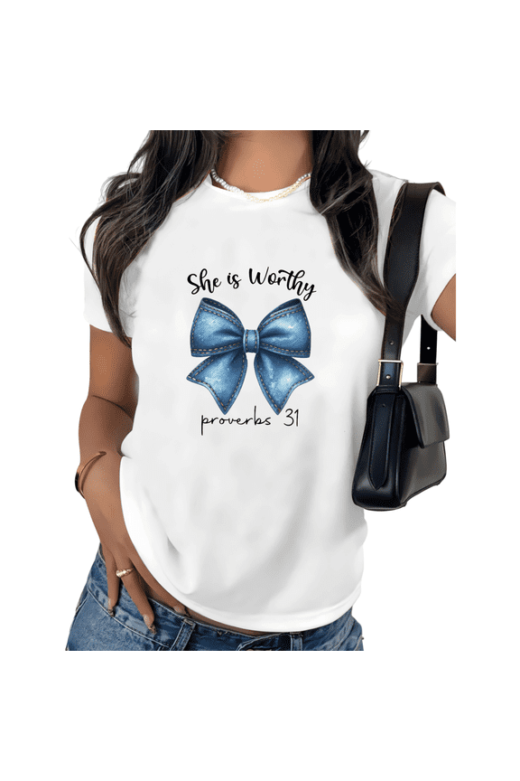 She Is Worthy Proverbs 31 Print Tshirt Graphic Tees Shirts White Christian Faith Women Gift S-5XL Womens Tops