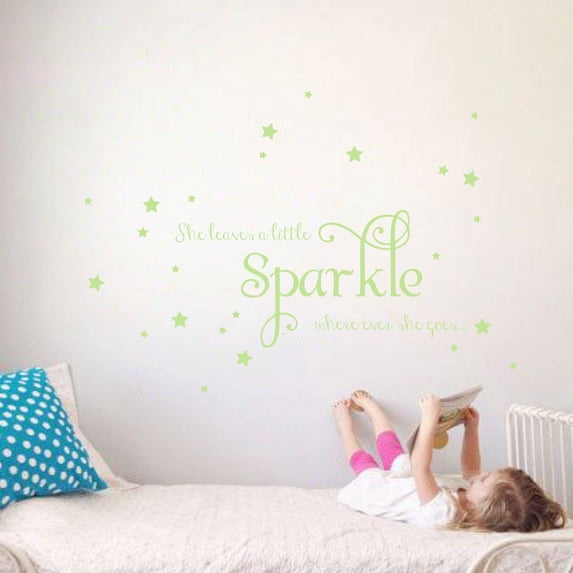 She Leaves a Little Sparkle Girls Room Vinyl Wall Decal Sticker Inspirational Quote with Stars
