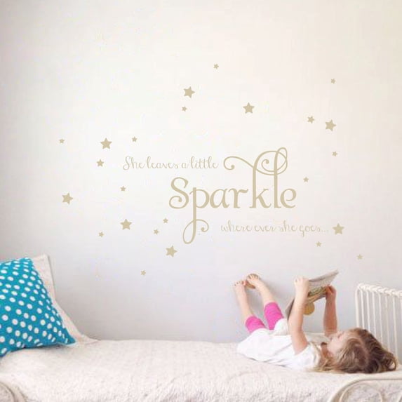 She Leaves a Little Sparkle Girls Room Vinyl Wall Decal Sticker Inspirational Quote with Stars