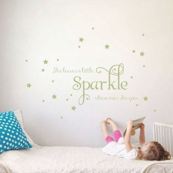 She Leaves a Little Sparkle Girls Room Vinyl Wall Decal Sticker Inspirational Quote with Stars
