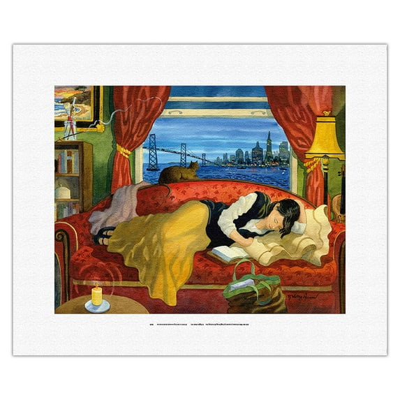 She Lives in San Francisco - California Woman on Couch with Cat - From an Original Watercolor Painting by Robin Wethe Altman - Fine Art Rolled Canvas Print 11in x 14in