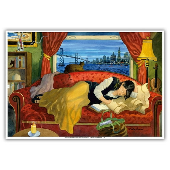 She Lives in San Francisco - California Woman on Couch with Cat - From an Original Watercolor Painting by Robin Wethe Altman - Master Art Print (Unframed) 13in x 19in