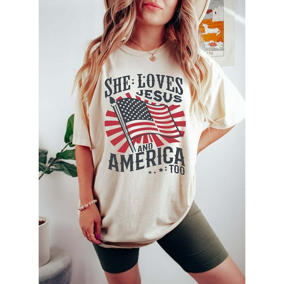 She Loves Jesus & America Too T-Shirt - Patriotic 4th of July Tee