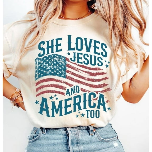 She Loves Jesus and America Too Shirt – Christian 4th of July Tee – USA Flag Independence Top