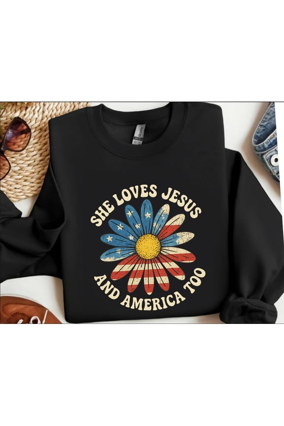 She Loves Jesus and America Too Sweatshirt, July 4th Daisy Shirt Design, Wildflower Independence Day Pullover, Flower Daisy Patriotic Sweatshirt