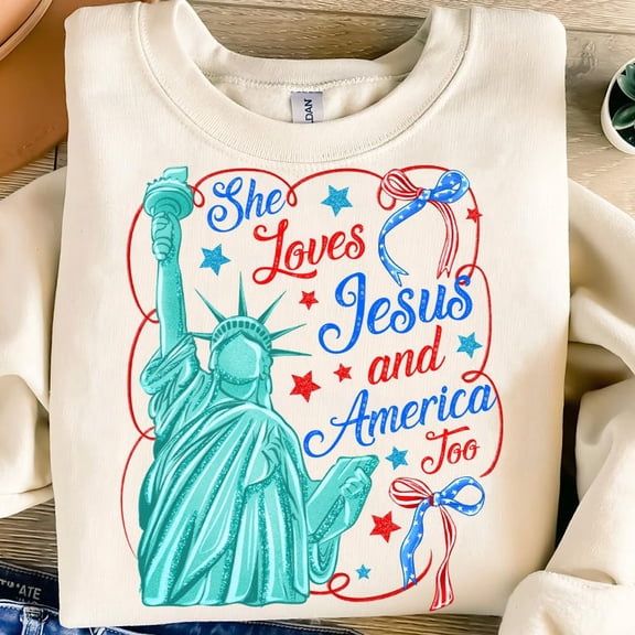 She Loves Jesus and America Too Sweatshirt, Preppy 4th of July Faith Shirt, Retro USA Flag Pullover for Christian Women BTO