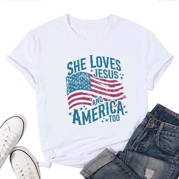 She Loves Jesus and America Too Women's T-Shirt – Christian Patriotic Graphic Tee, Faith and Freedom, 4th of July USA Top