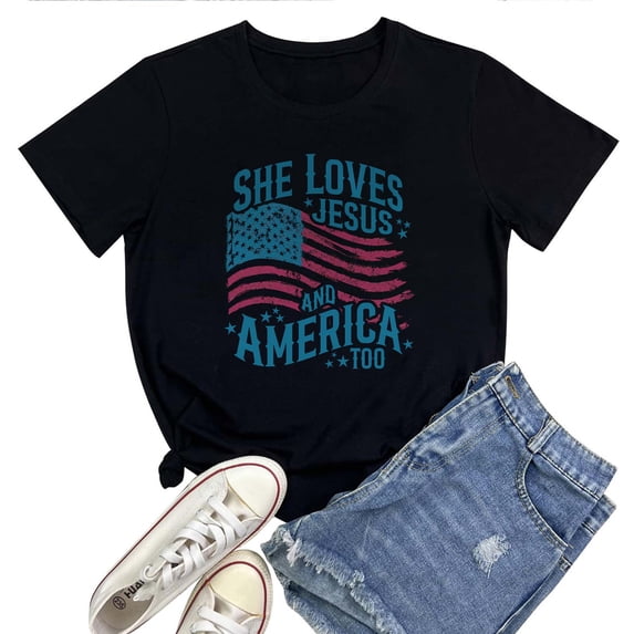 She Loves Jesus and America Too Women's T-Shirt – Christian Patriotic Graphic Tee, Faith and Freedom, 4th of July USA Top