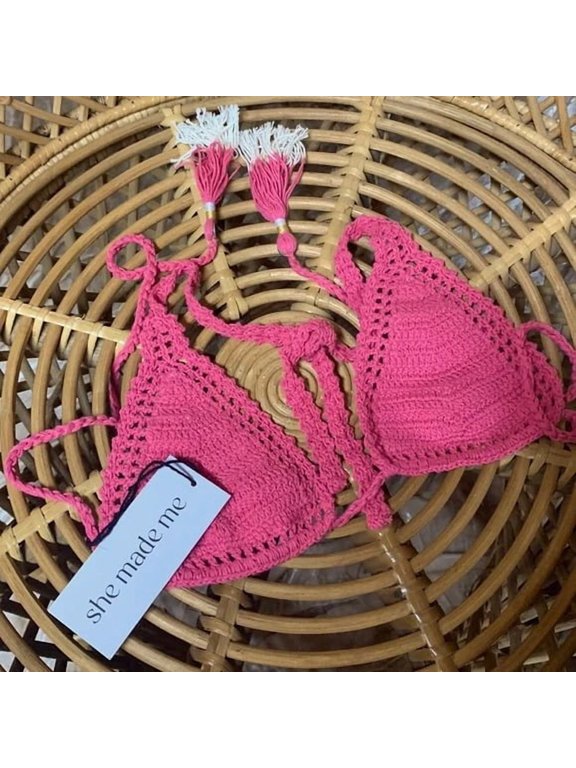 HOT PINK Sliding Crochet Triangle String Bikini Top, US Medium