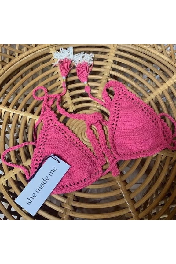 HOT PINK Sliding Crochet Triangle String Bikini Top, US Medium