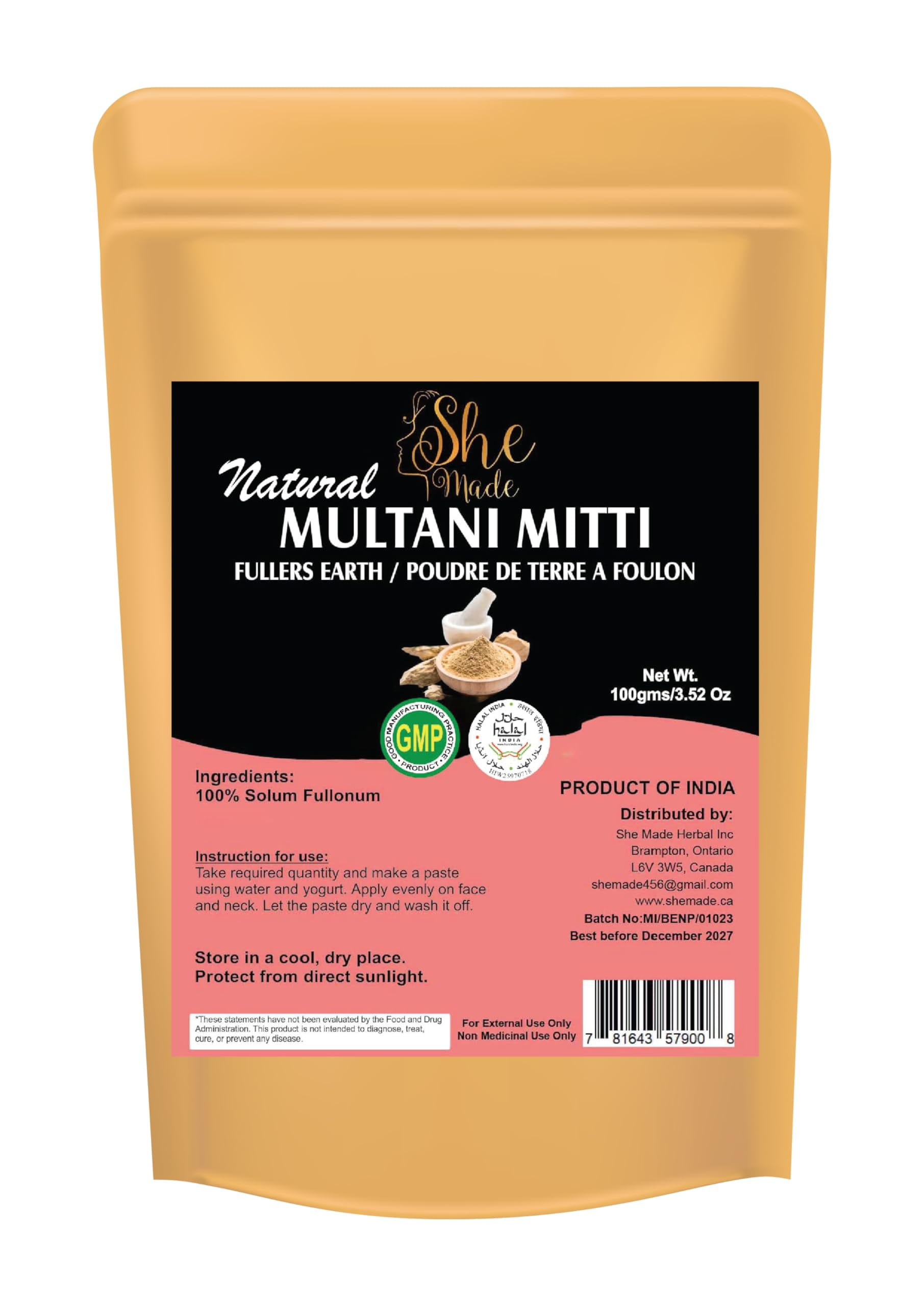 She Made Multani Mitti OIF8 Powder Natural for Face 100gms (3.52 Oz