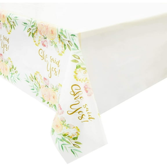 Juvale She Said Yes Engagement Tablecloths - 54 x 108 in, 3 Pack - White & Gold Floral Plastic - Disposable Bridal Shower Tablecloths & Engagement Party Covers - Easy Cleanup Spill Protection