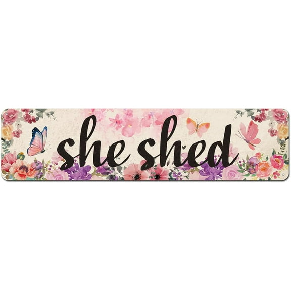 She Shed Decor, Farmhouse Flowers Wall Sign for Home Kitchen, Garden, Women Cave, Gift for Girlfriend, Ladies, Tin Metal Signs 4"x16"