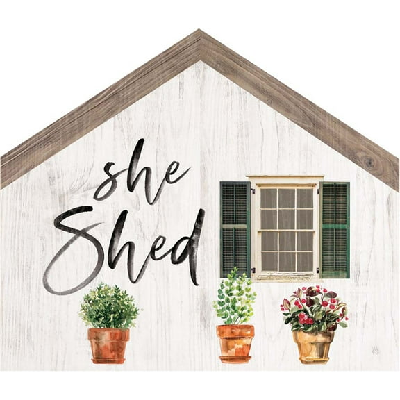 She Shed Floral Whitewash House Shaped 5.5 x 4.5 Inch Pine Wood Block Tabletop Sign